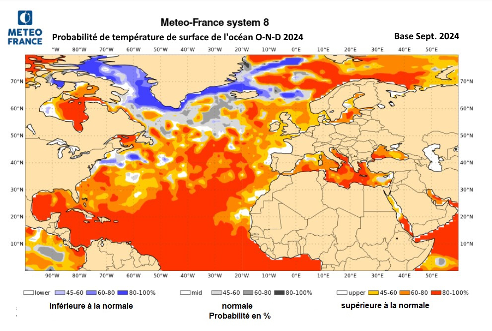 Probabilités de température de surface de l'océan pour octobre- novembre - décembre2024