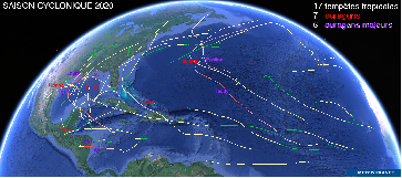 Trajectoires des cyclones saison 2020 en Atlantique Nord